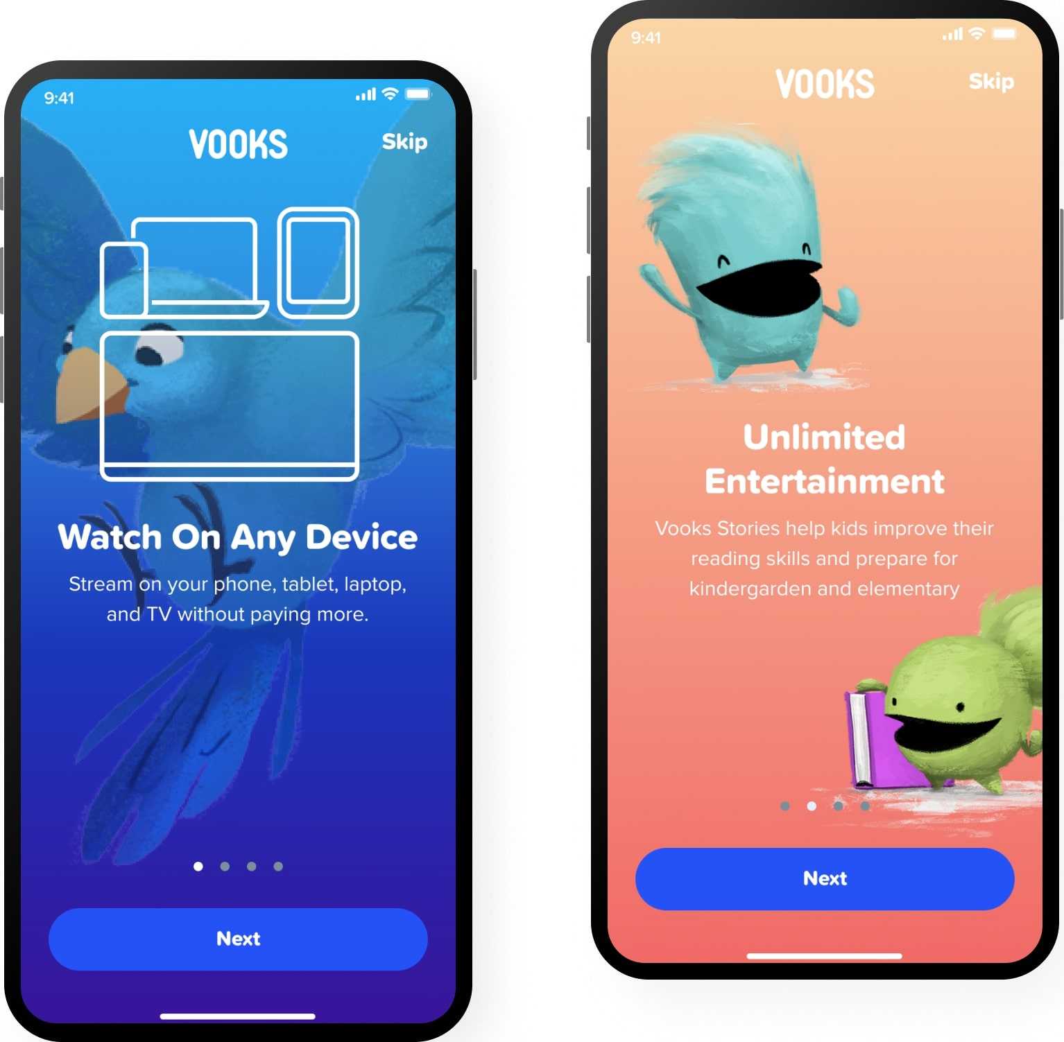 2 phones showings Vooks' app pages
