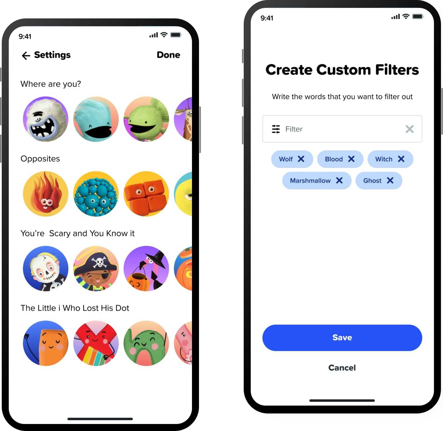 2 phones showings Vooks' app pages