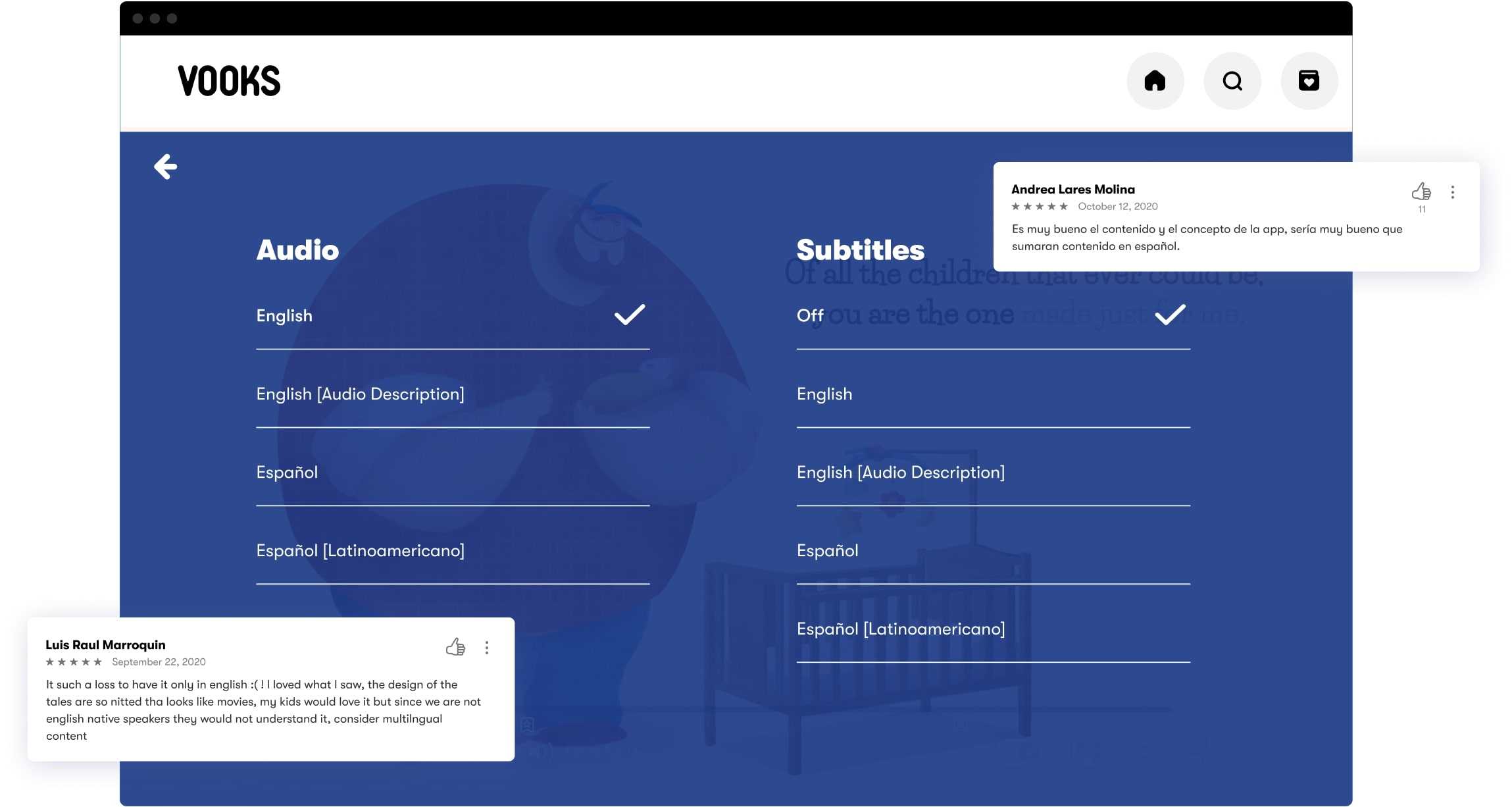 Vooks audio and subtitles menu